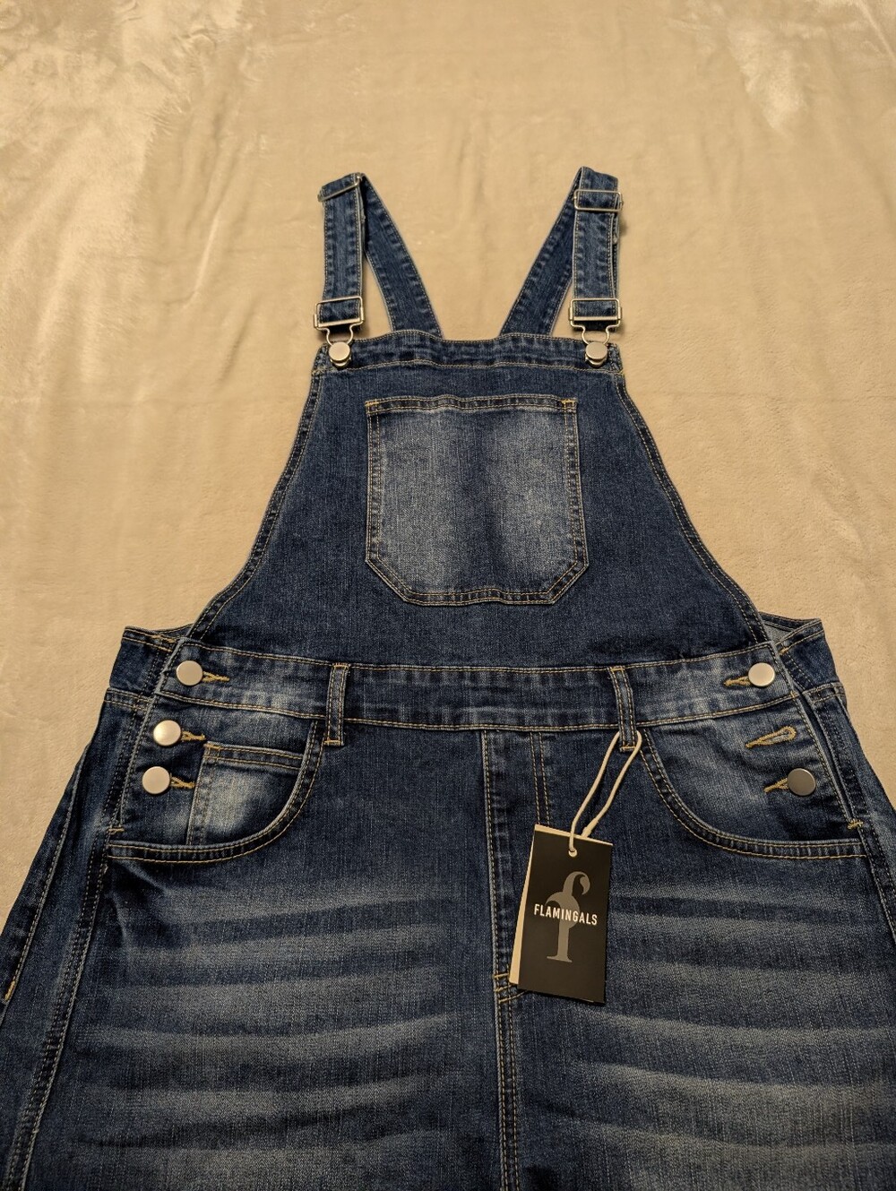 Flamingals Wash Patch Pocket Stitch Detail Barrel Leg Denim Overalls NWT - Picture 7 of 16